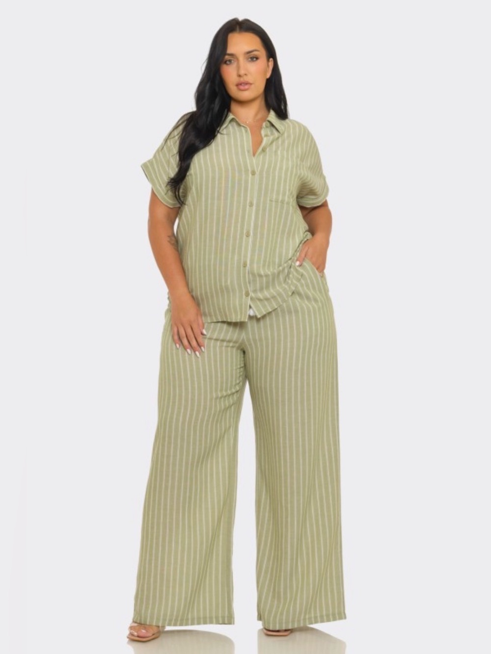 Plus Size Olive Green Striped Two-Piece Set